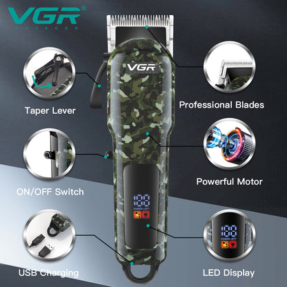 VGR V-665 Hair Clipper Professional Hair Trimmer Adjustable Hair Cutting Machine Electric Barber Digital Display Clipper for Men