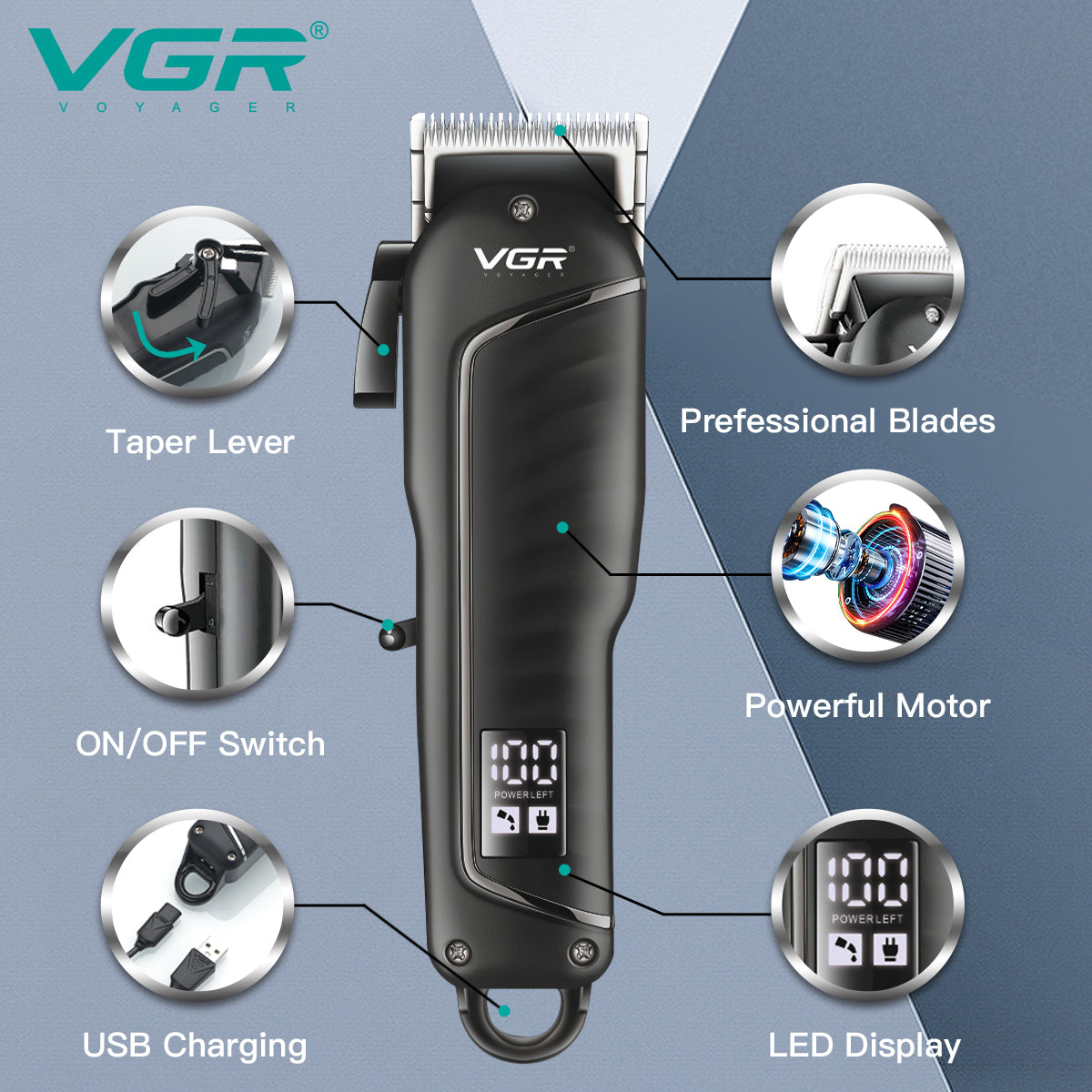 VGR V-683 Clipper Hair Clipper Professional Hair Cutting Machine Electric Hair Trimmer Haircut Machine Men's Barber Rechargeable