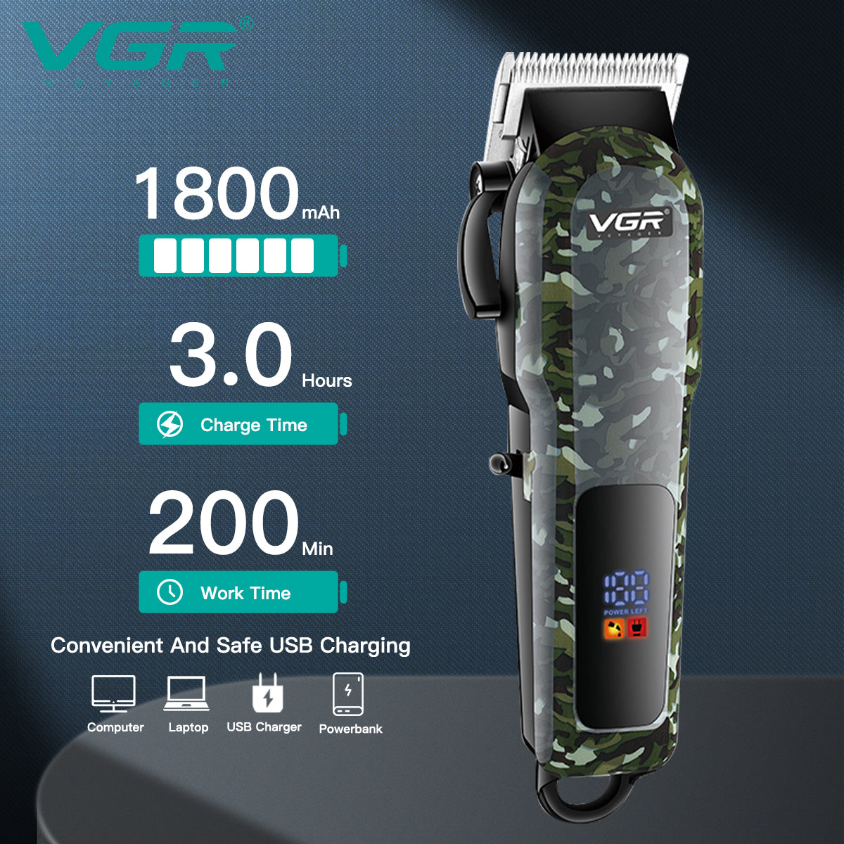 VGR V-665 Hair Clipper Professional Hair Trimmer Adjustable Hair Cutting Machine Electric Barber Digital Display Clipper for Men